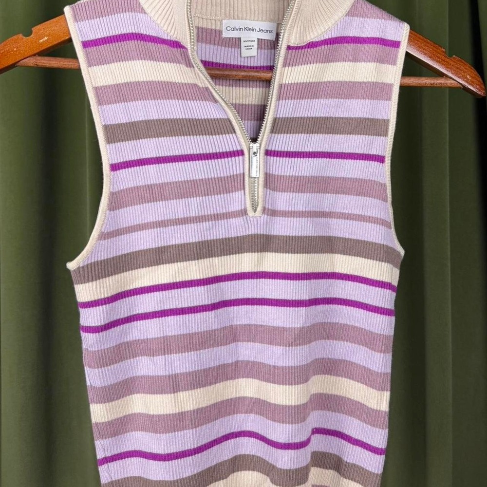 Calvin Klein Jeans Vintage Striped Ribbed Quarter Zip Sleeveless Top Purple XS